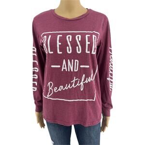 ON FIRE (L) Burgundy Red Blessed and Beautiful Long Sleeve Tee Shirt